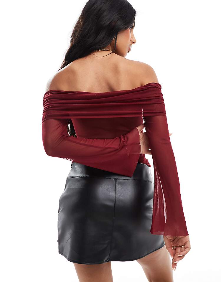 ASOS DESIGN off the shoulder flared sleeve mesh top in burgundy