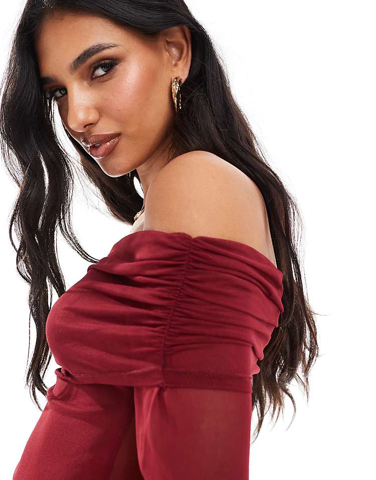 ASOS DESIGN off the shoulder flared sleeve mesh top in burgundy