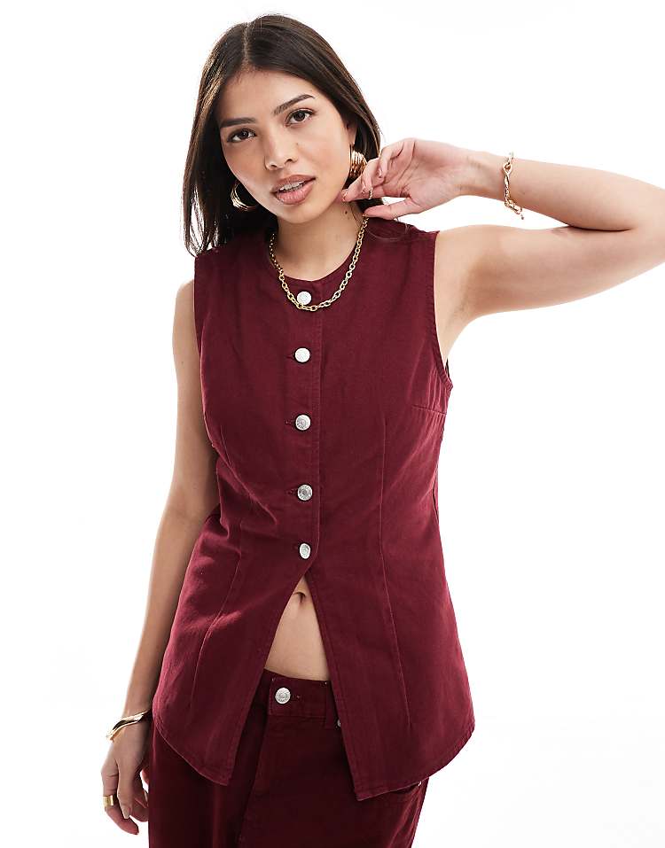 ASOS DESIGN denim split front waistcoat in burgundy