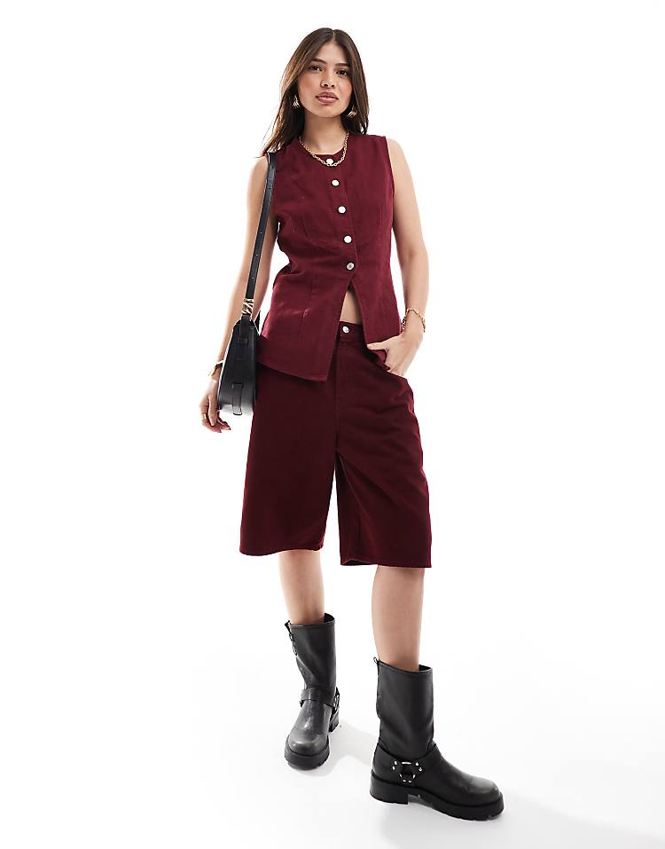 ASOS DESIGN denim split front waistcoat in burgundy