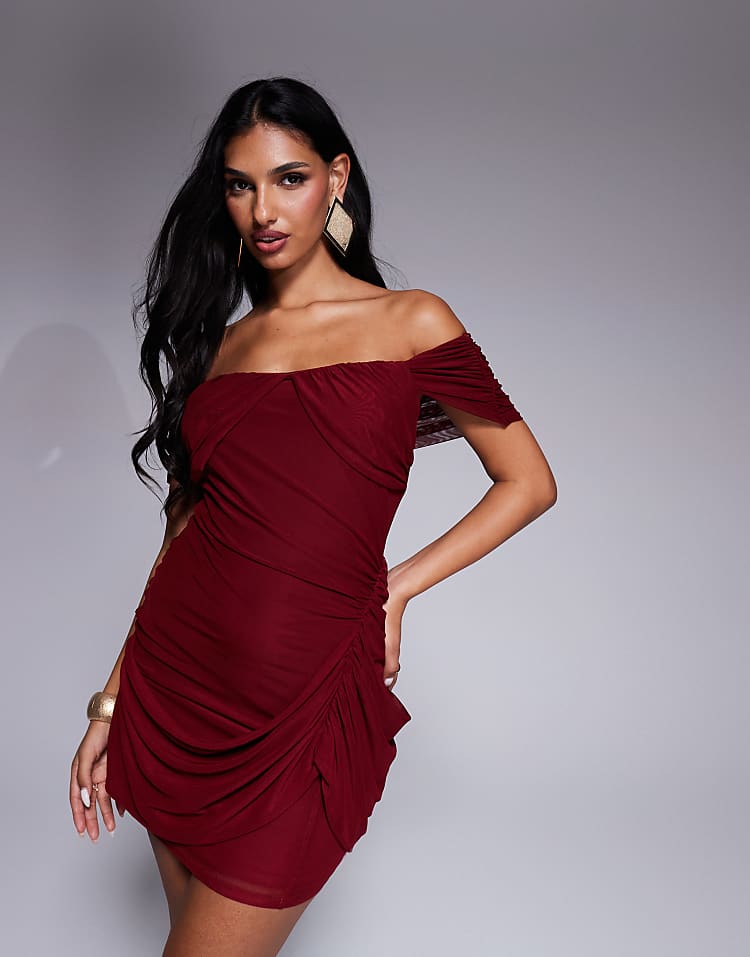 ASOS DESIGN mesh mix bardot draped mini dress  in burgundy