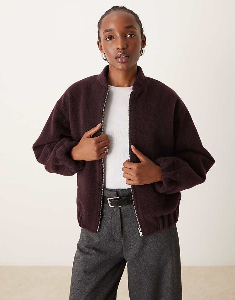 New Look textured oversized bomber jacket in burgundy