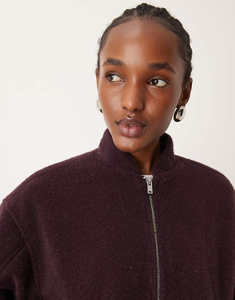 New Look textured oversized bomber jacket in burgundy