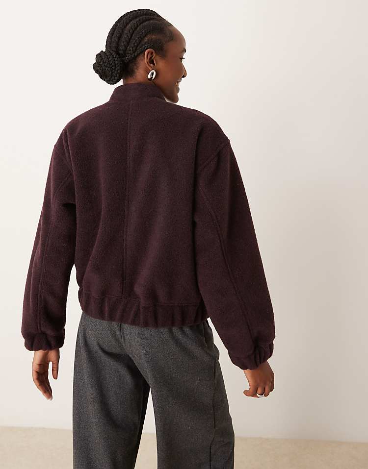 New Look textured oversized bomber jacket in burgundy