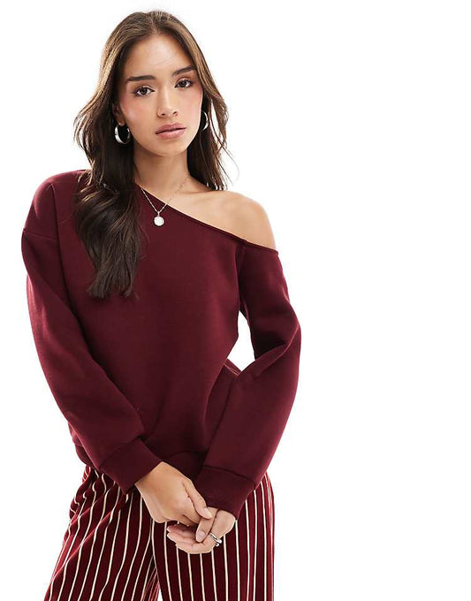 ASOS DESIGN asymmetric slouchy sweatshirt in burgundy