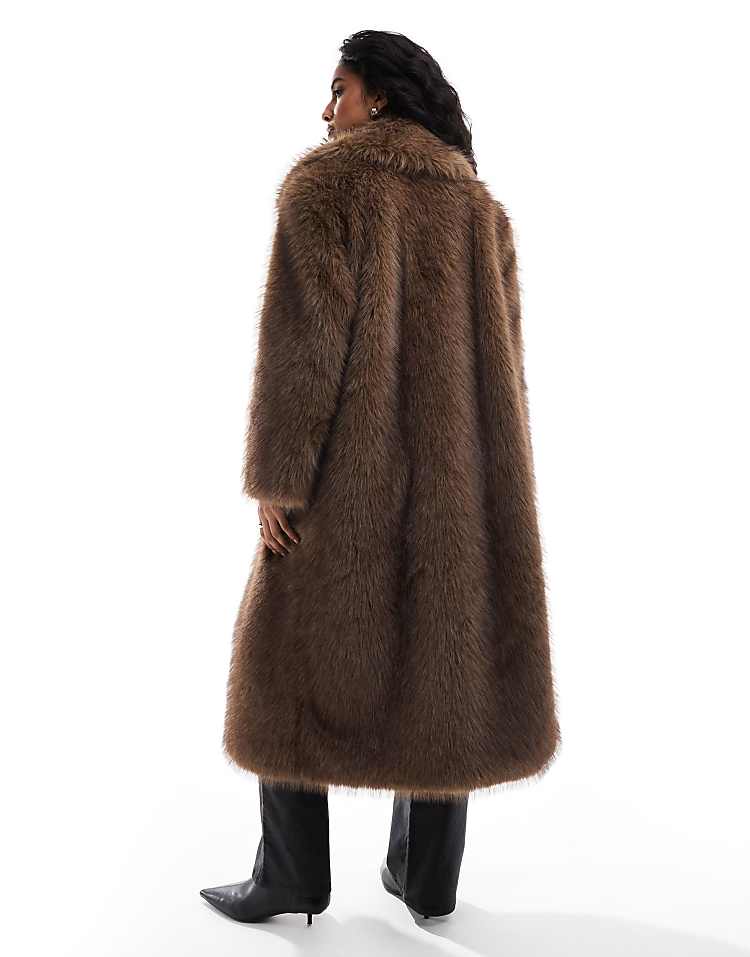 Stradivarius longline faux fur coat in brown