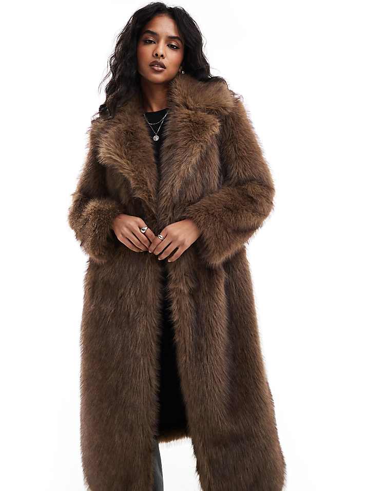 Stradivarius longline faux fur coat in brown