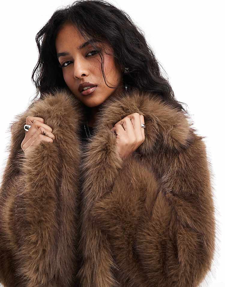 Stradivarius longline faux fur coat in brown