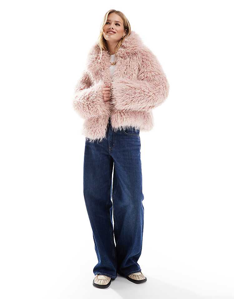 Stradivarius faux fur jacket in pale pink