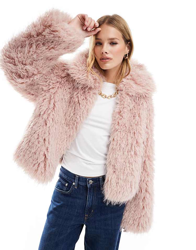 Stradivarius faux fur jacket in pale pink