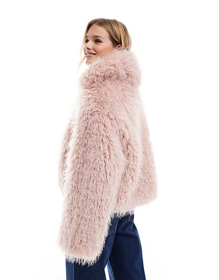 Stradivarius faux fur jacket in pale pink