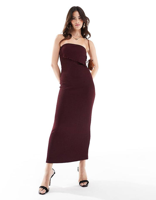 ASOS DESIGN maxi textured fold over detail bandeau dress in burgundy