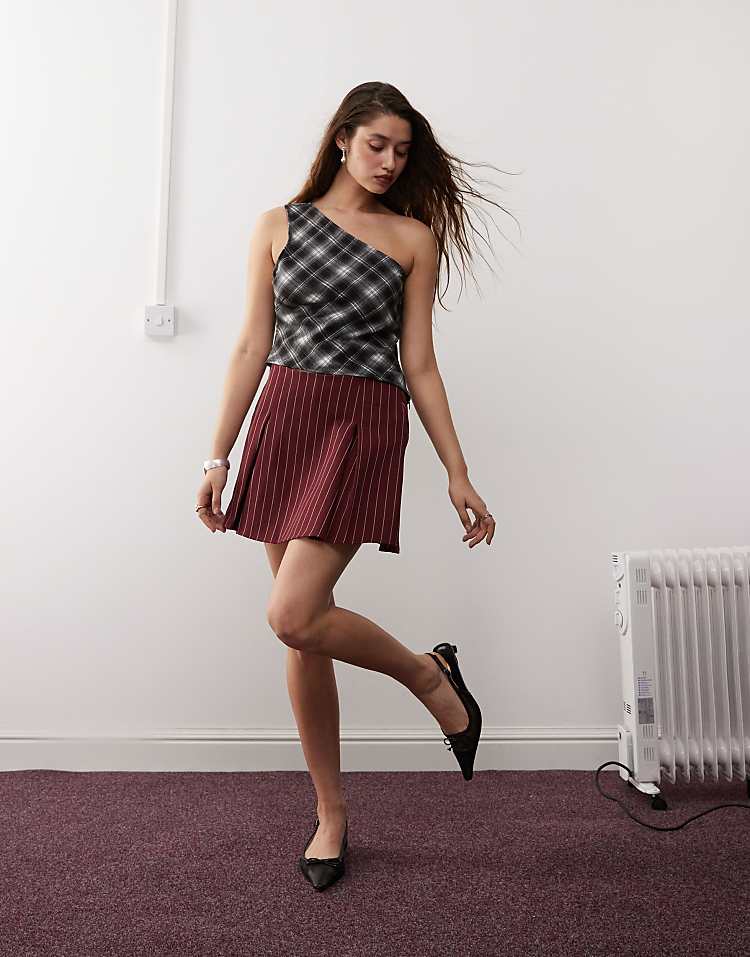 Reclaimed Vintage tailored skort in burgundy pinstripe