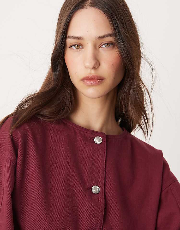 ASOS DESIGN denim collarless jacket in burgundy