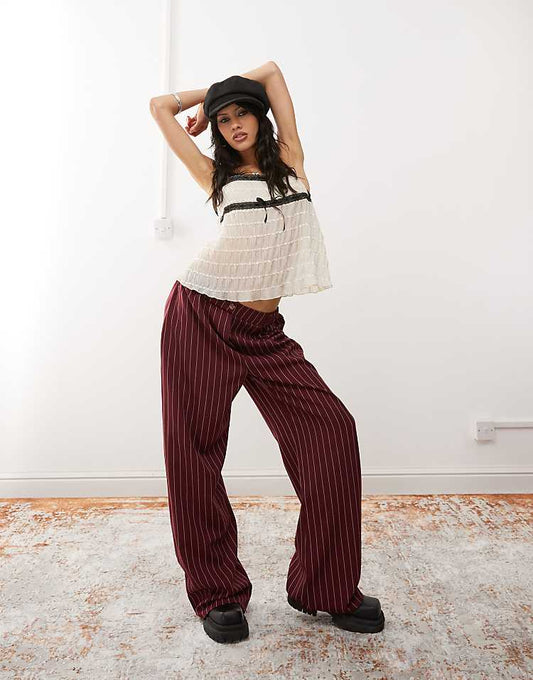 Reclaimed Vintage wide leg trouser in burgundy pinstripe