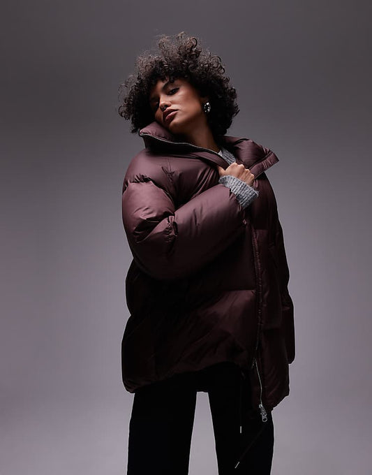 ARKET down puffer long line jacket in burgundy