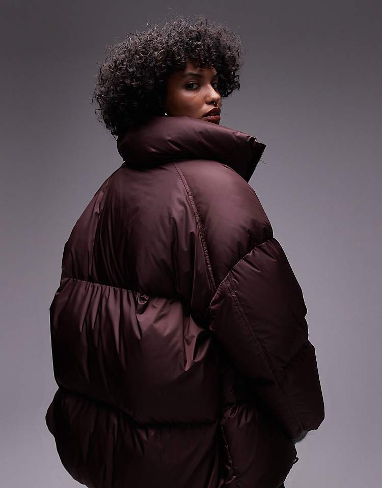 ARKET down puffer long line jacket in burgundy