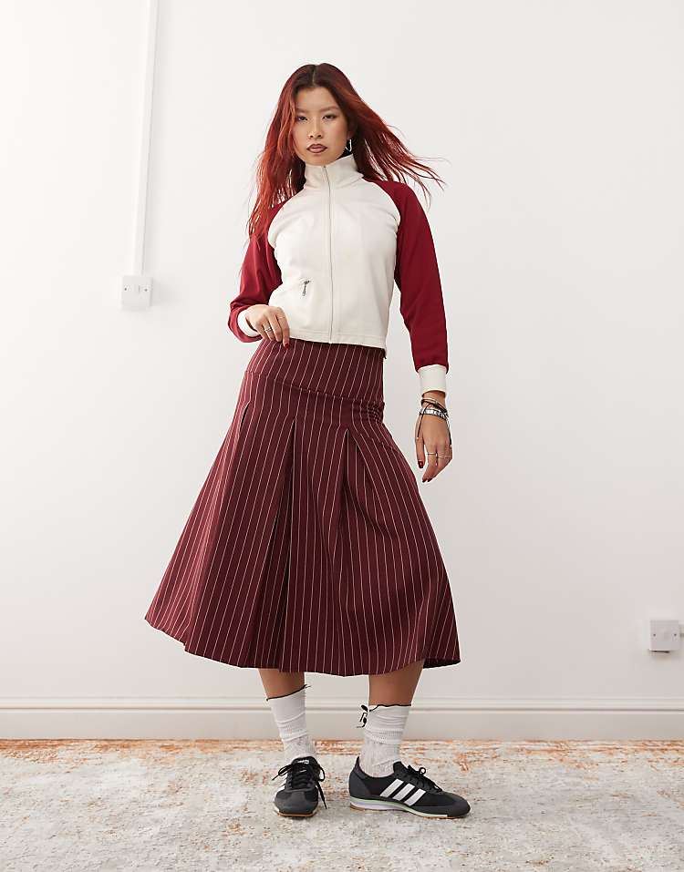 Reclaimed Vintage pleated midi skirt in burgundy pinstripe