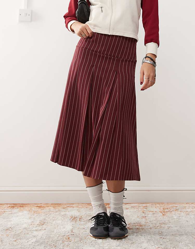 Reclaimed Vintage pleated midi skirt in burgundy pinstripe