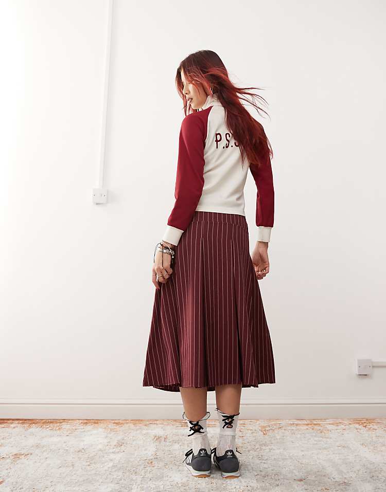 Reclaimed Vintage pleated midi skirt in burgundy pinstripe