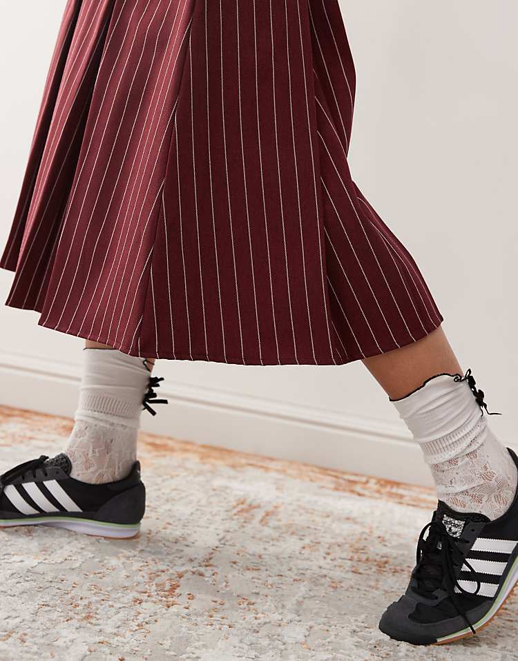 Reclaimed Vintage pleated midi skirt in burgundy pinstripe