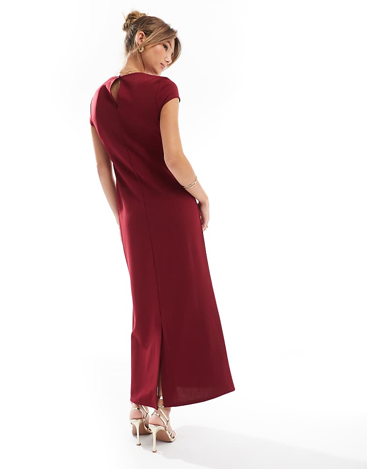 ASOS DESIGN cap sleeve pocket detail midi dress in burgundy