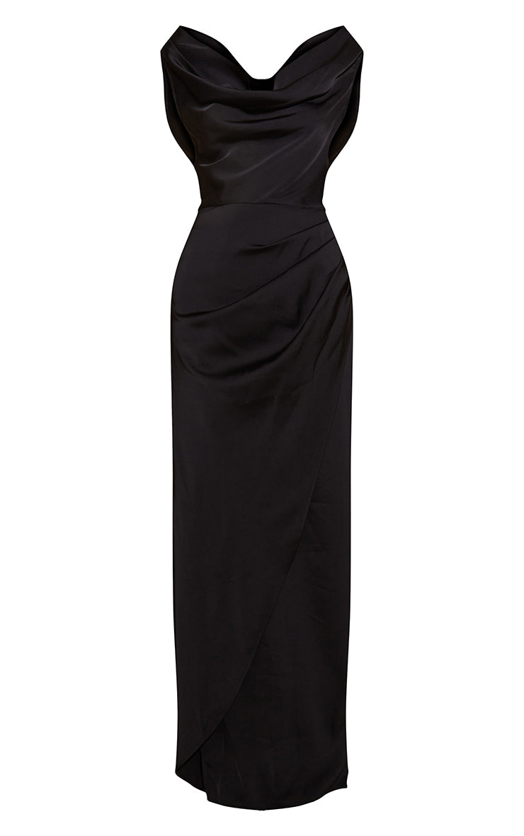 Black Satin Cowl Neck Draped Maxi Dress