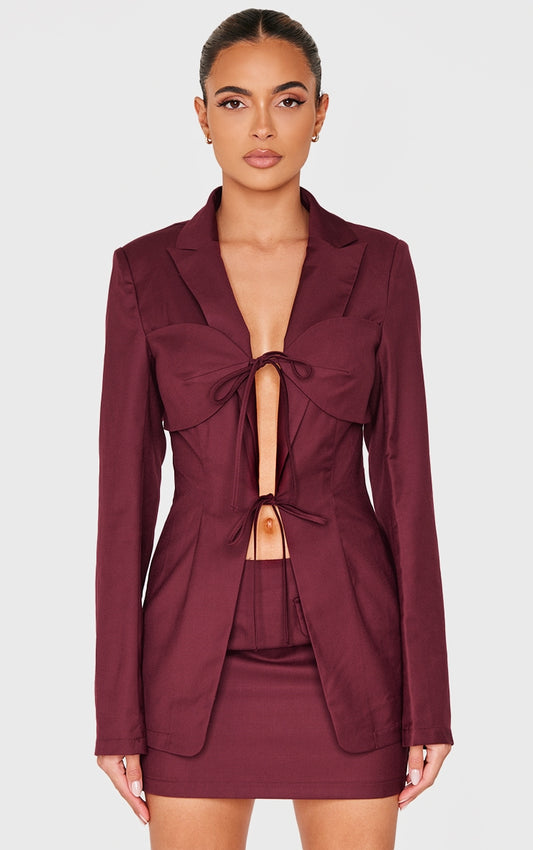 Burgundy Tailored Woven Tie Front Longline Blazer