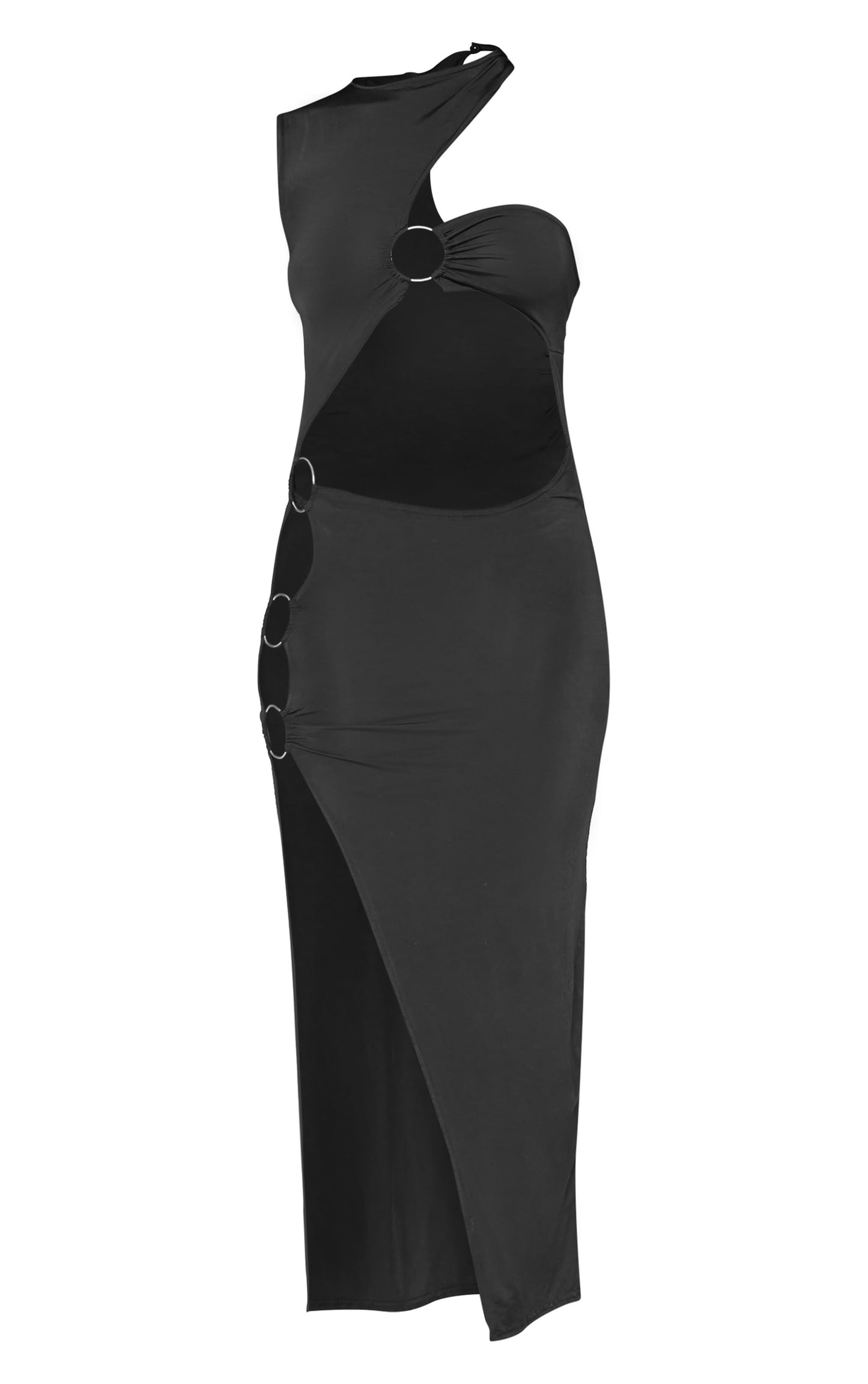 Black Slinky High Neck Ring Detail Cut Out Midi Dress