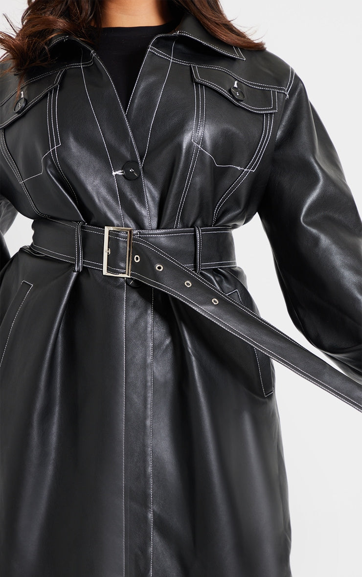 Plus Black Faux Leather Contrast Stitch Split Hem Trench Coat