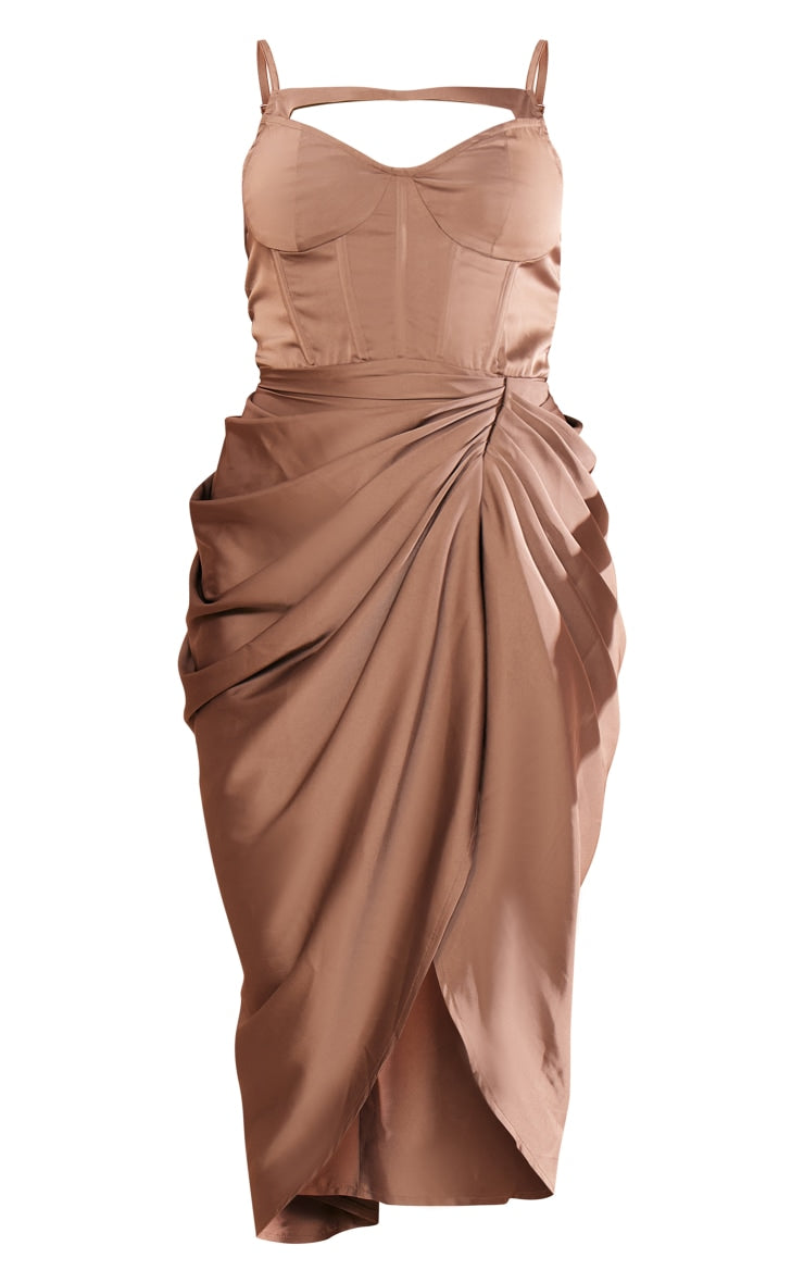 Champagne Satin Corset Detail Midi Dress - HCWP 