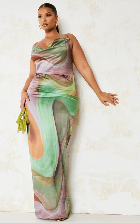 Plus Multi Abstract Marble Print Satin Cowl Neck Strappy Maxi Dress