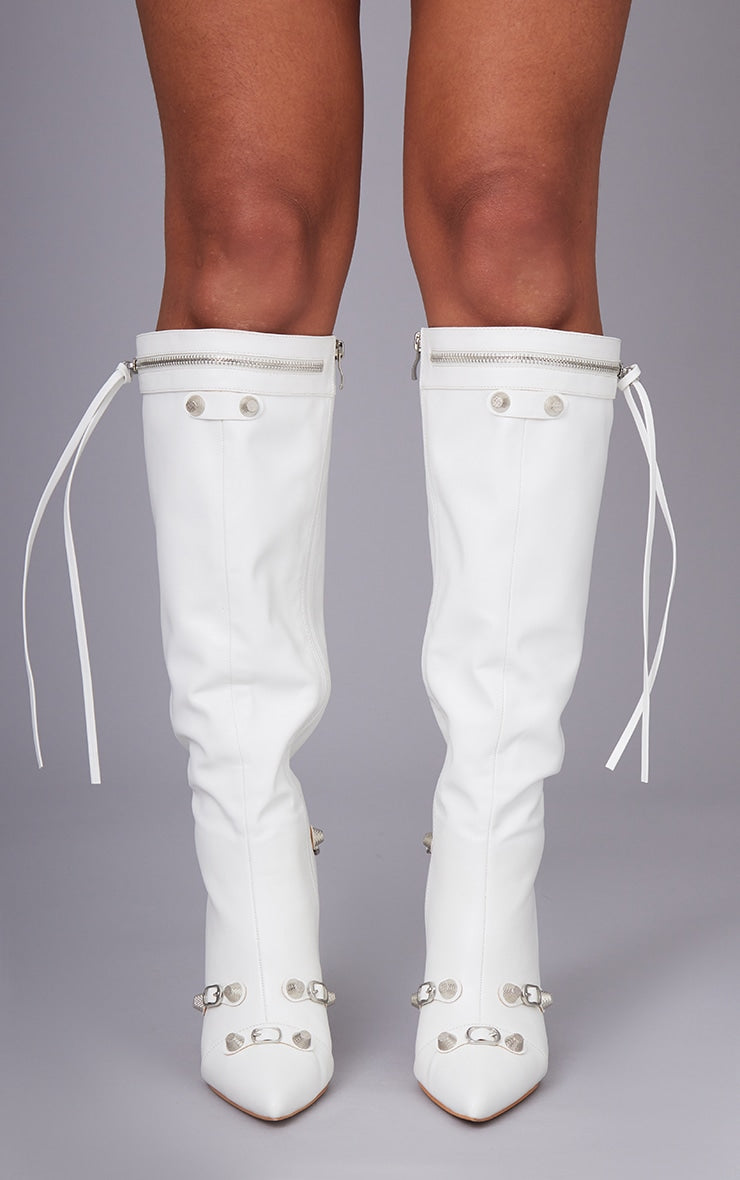 White Pu Zip Detail Point Toe Mid Heeled Knee Boots