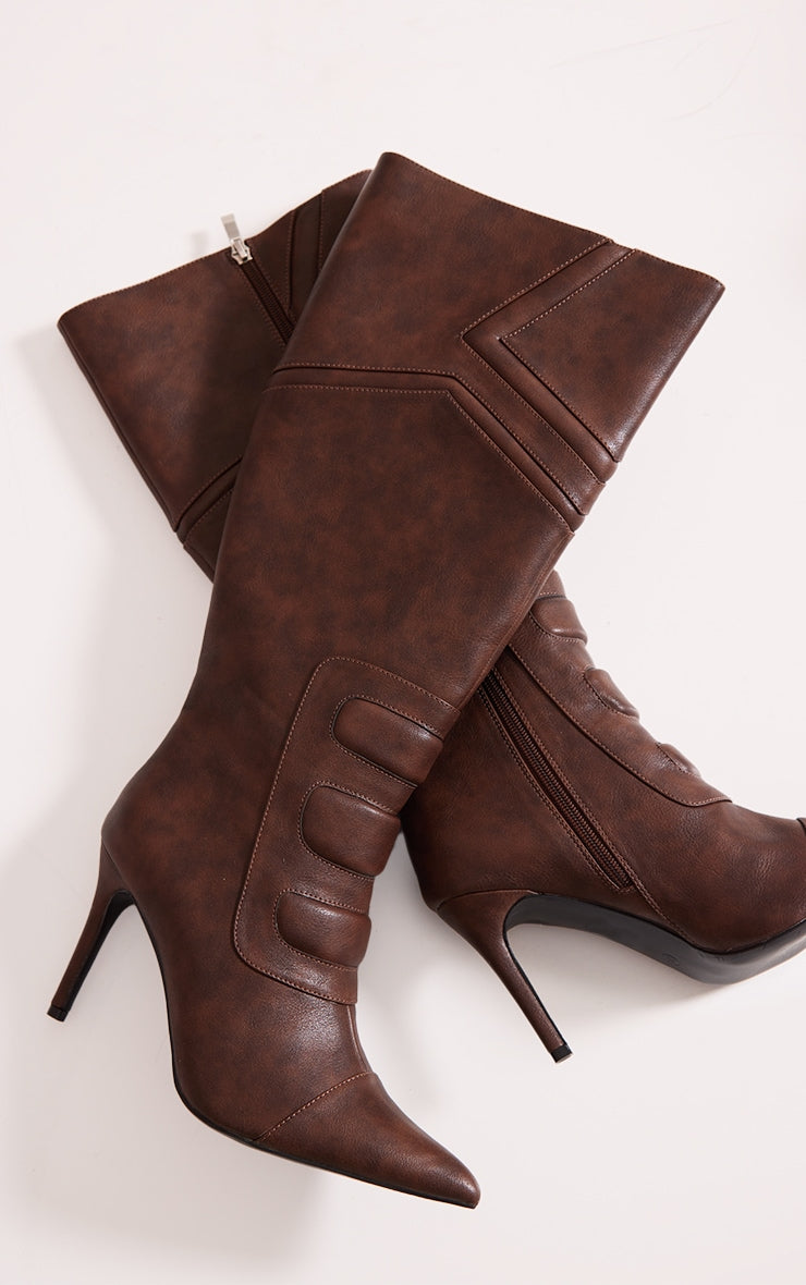 Brown Vintage Point Toe Motor Cross High Heeled Knee Boots