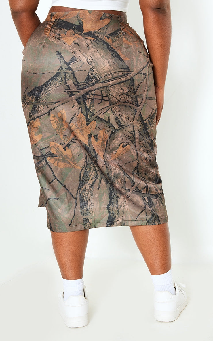 Plus Khaki Camo Printed Cargo Midi Skirt