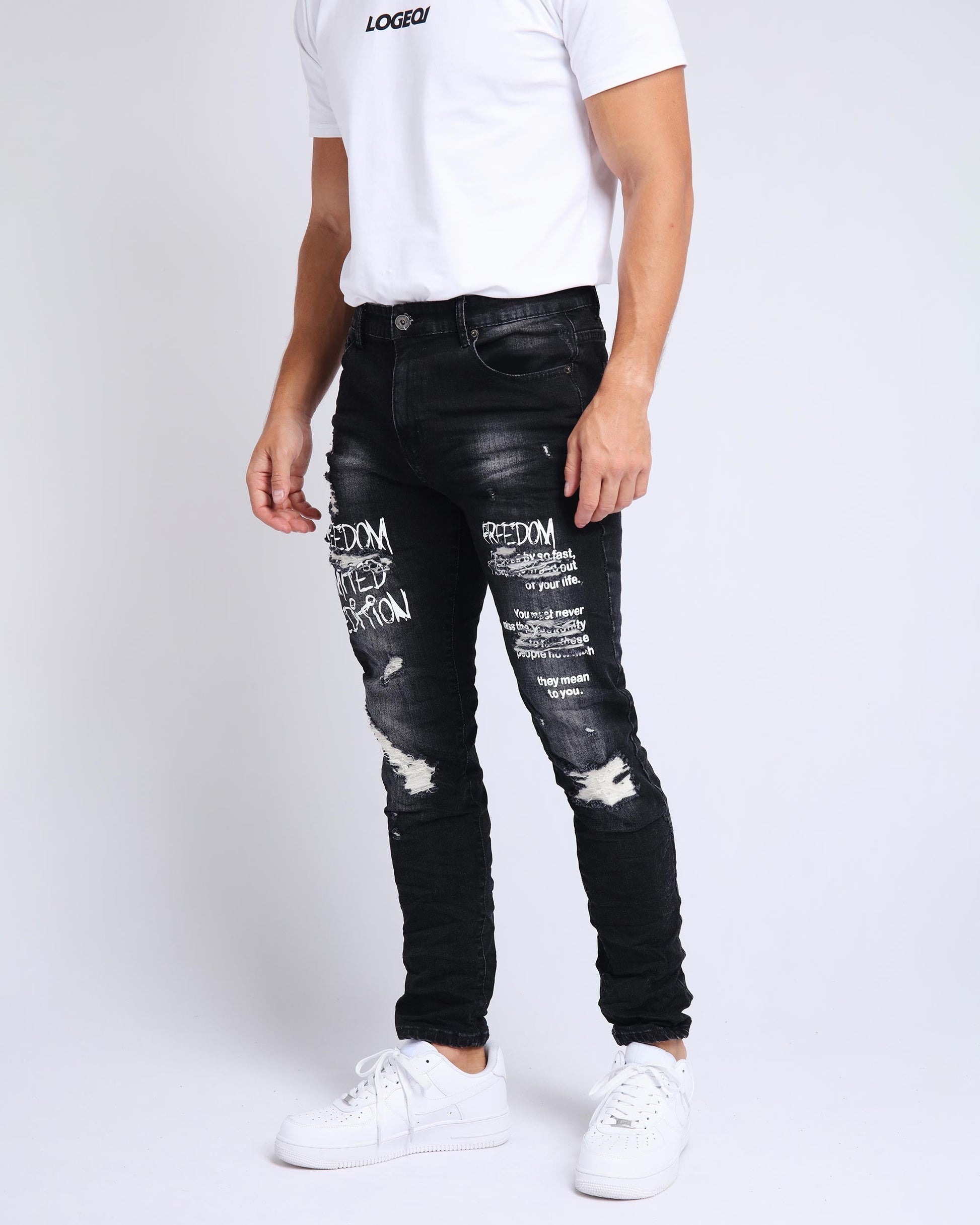 Gothic Graffiti Slim Fit Ripped Black Jeans - HCWP 