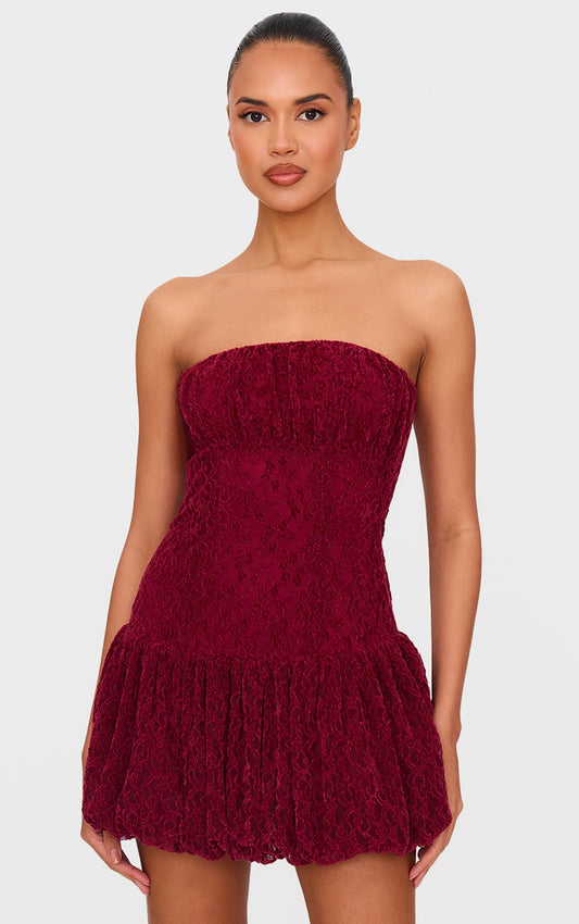 Cherry Red Lace Bandeau Ruched Mini Dress