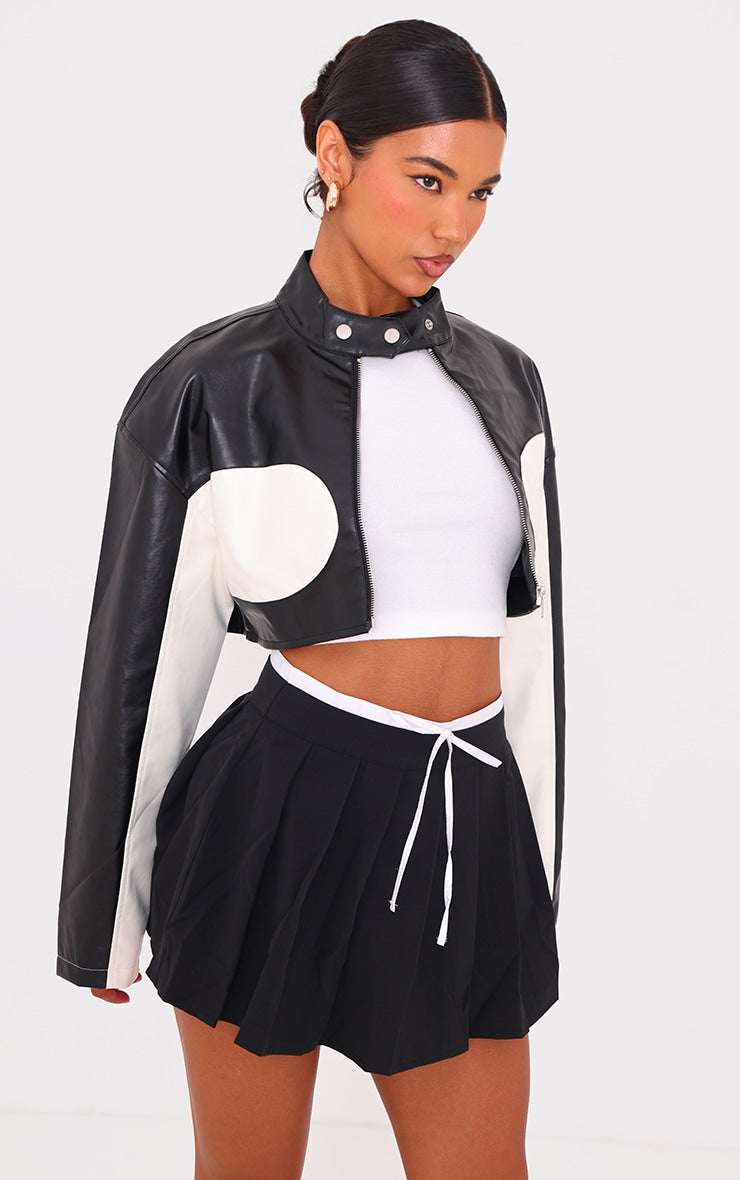 Monochrome Faux Leather Contrast Panel Cropped Jacket