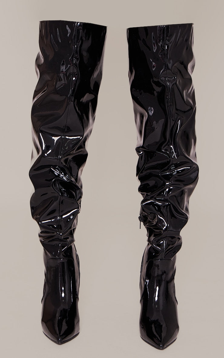 Black PU Point Toe Ruched Over The Knee High Heeled Boots