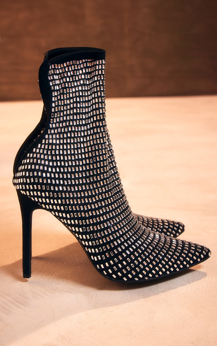 Black Mesh Point Toe Diamante High Heeled Sock Ankle Boots