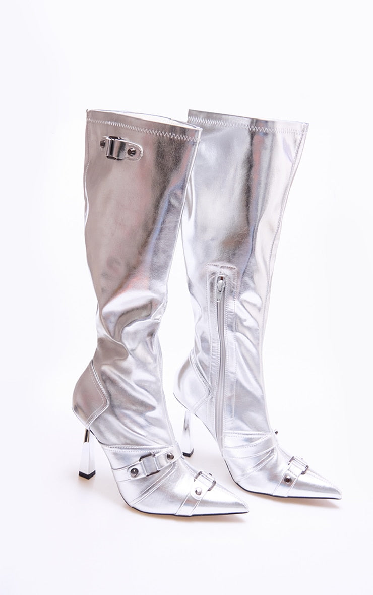 Silver Pu Metallic Buckle Detail High Heeled Knee Boots