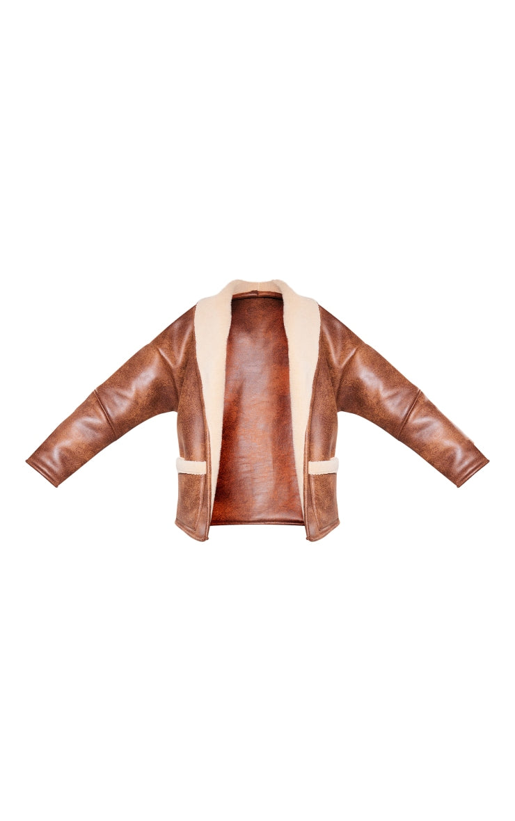 Plus Brown Faux Leather Belt Tie Aviator Jacket