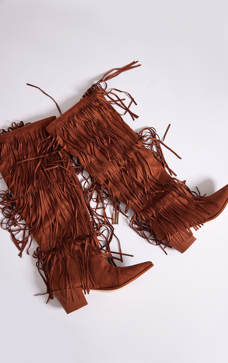 Tan Faux Suede Fringe Western Block Heel Knee Boots