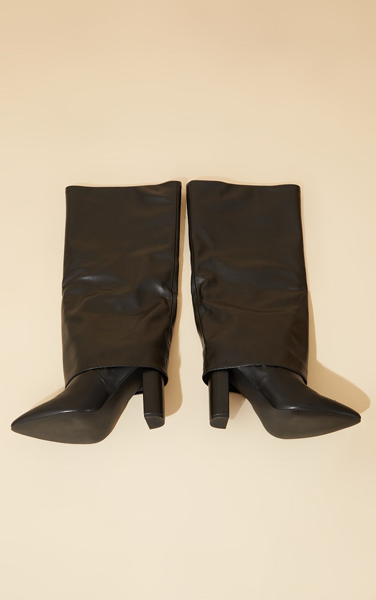 Black Wide Fit Pu Pointed Fold Over Block Heel Knee Boots