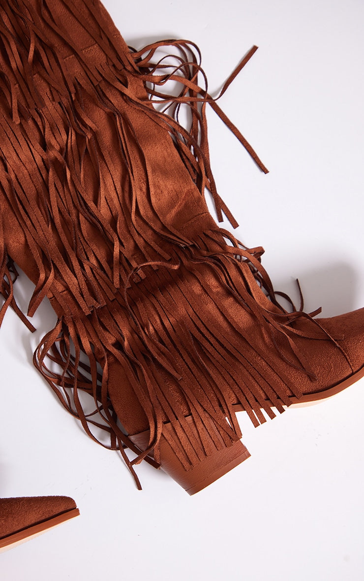 Tan Faux Suede Fringe Western Block Heel Knee Boots