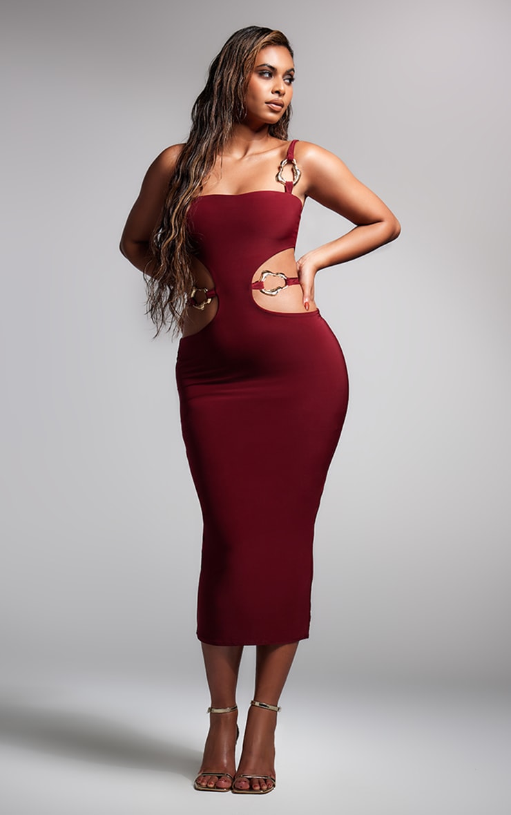 Dark Red Slinky One Shoulder Trim Detail Midaxi Dress