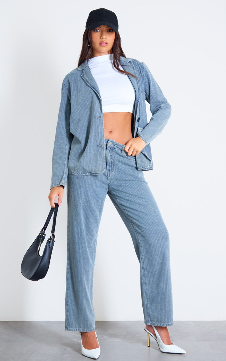 Washed Blue Pinstripe Lightweight Denim Oversized Blazer