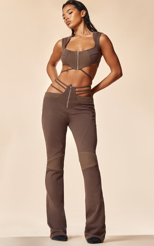 PLT Label Dark Taupe Cut Out Waist Detail Biker Trousers