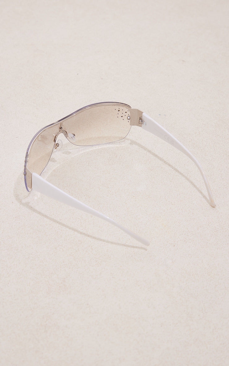 White Diamante Detail Curved Visor Sunglasses