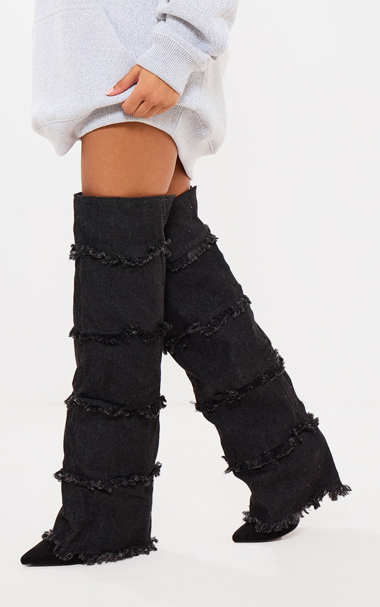 Black Denim Point Toe Fold Over The Knee High Heeled Boots